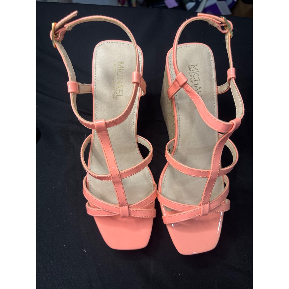 Michael Shannon Natalia Coral Pink Patent Cork Wedge Sandals Strappy Square Toe